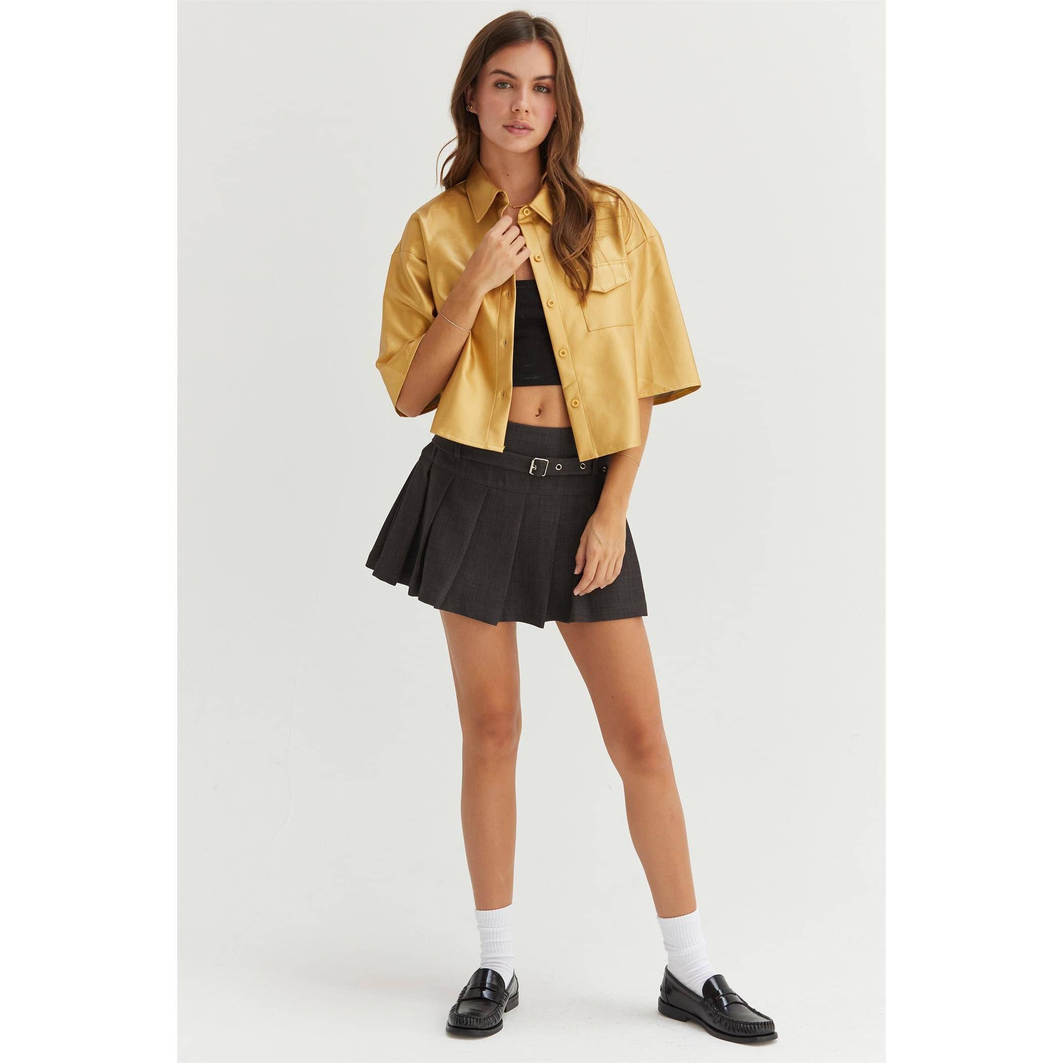 Faux Leather Button-Down Cropped Shirt: GOLD