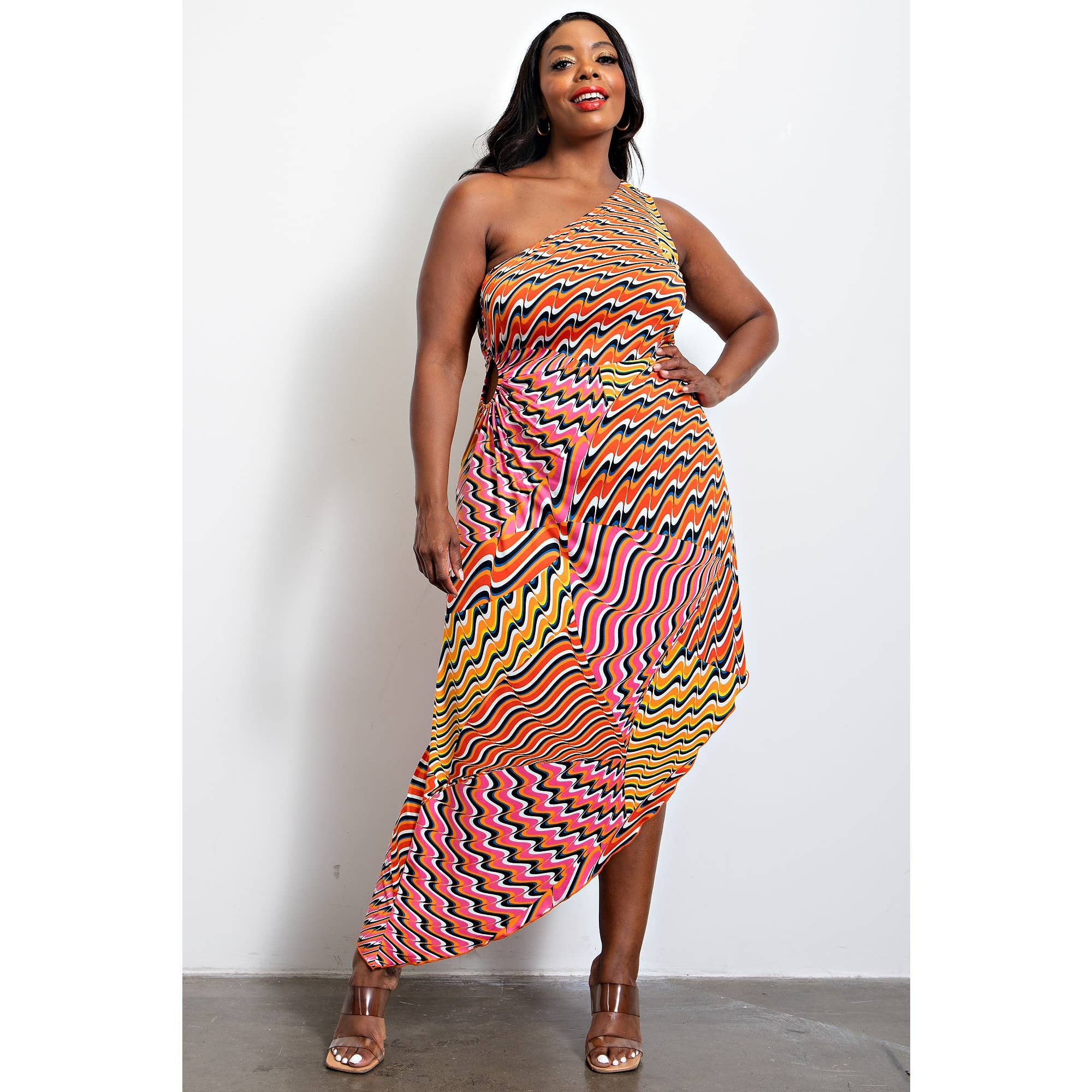 PLUS SIZE ONE SHOULDER KNIT DRESS W ASYMMETRIC HEM