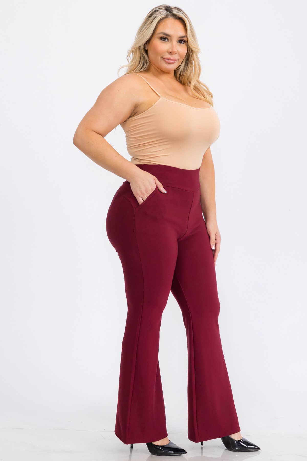 Womens Plus Size High Waist Flare Pants W/ Pockets: Burgundy
