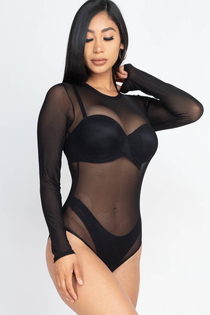 Mesh Sheer Long Sleeves Bodysuit - Black