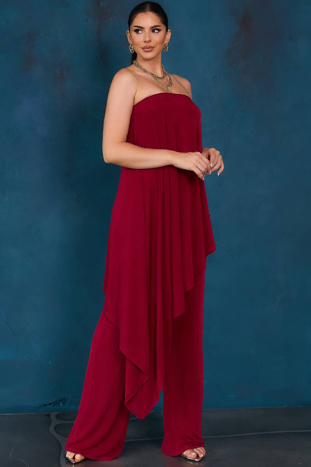 Cherry Solid Draped Strapless Jumpsuit