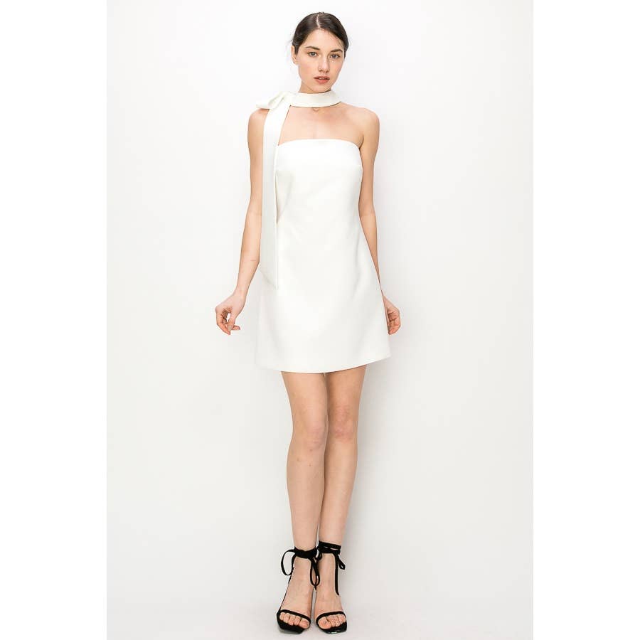 Strapless self choker with tie mini dress: OFF WHITE / L