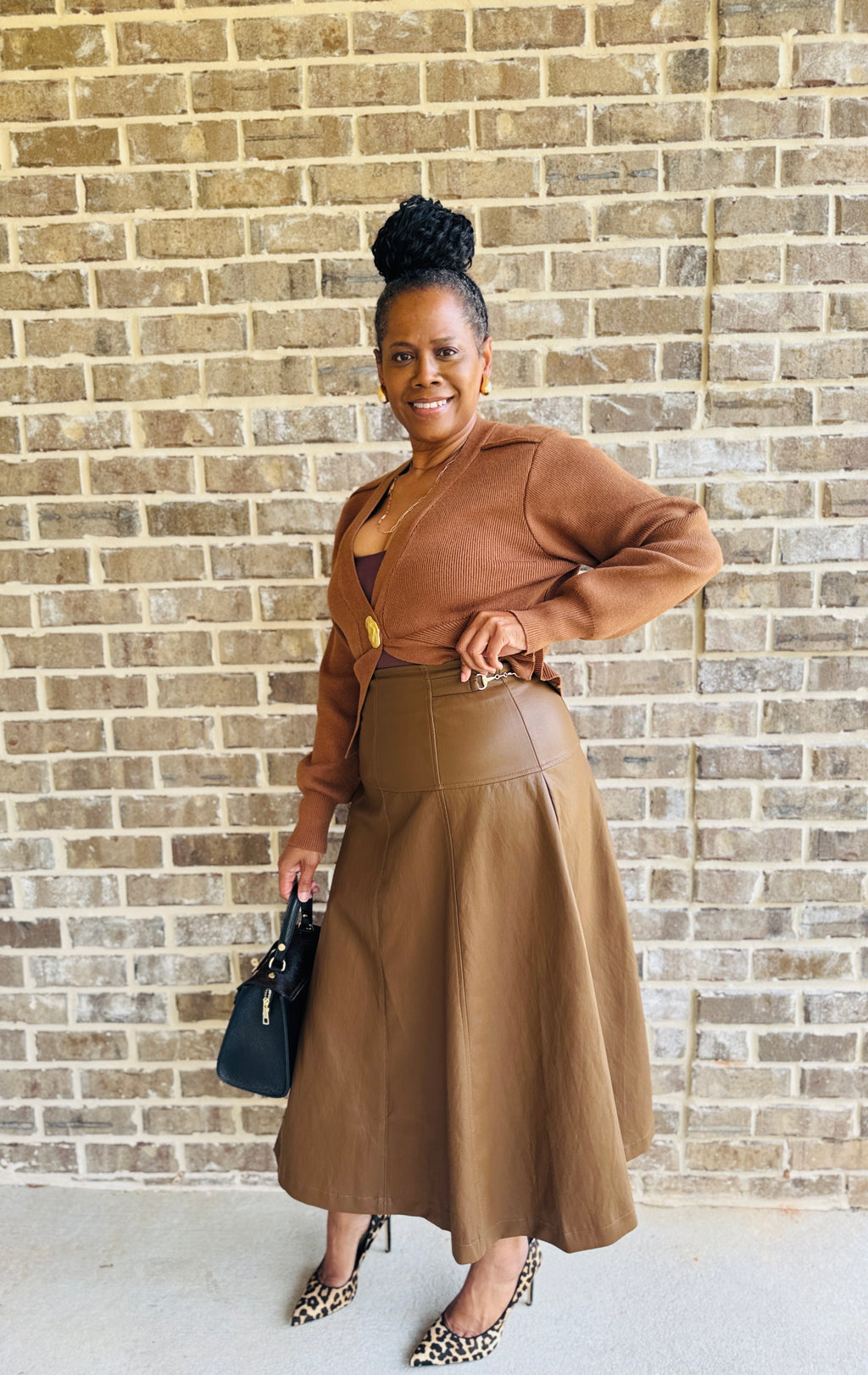 Brown Faux Leather A-Line Midi Skirt
