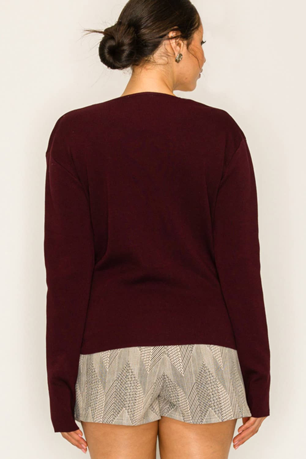 Two-Tone Knit Top with Draped Contrast Detail: BURGUNDY COMBO
