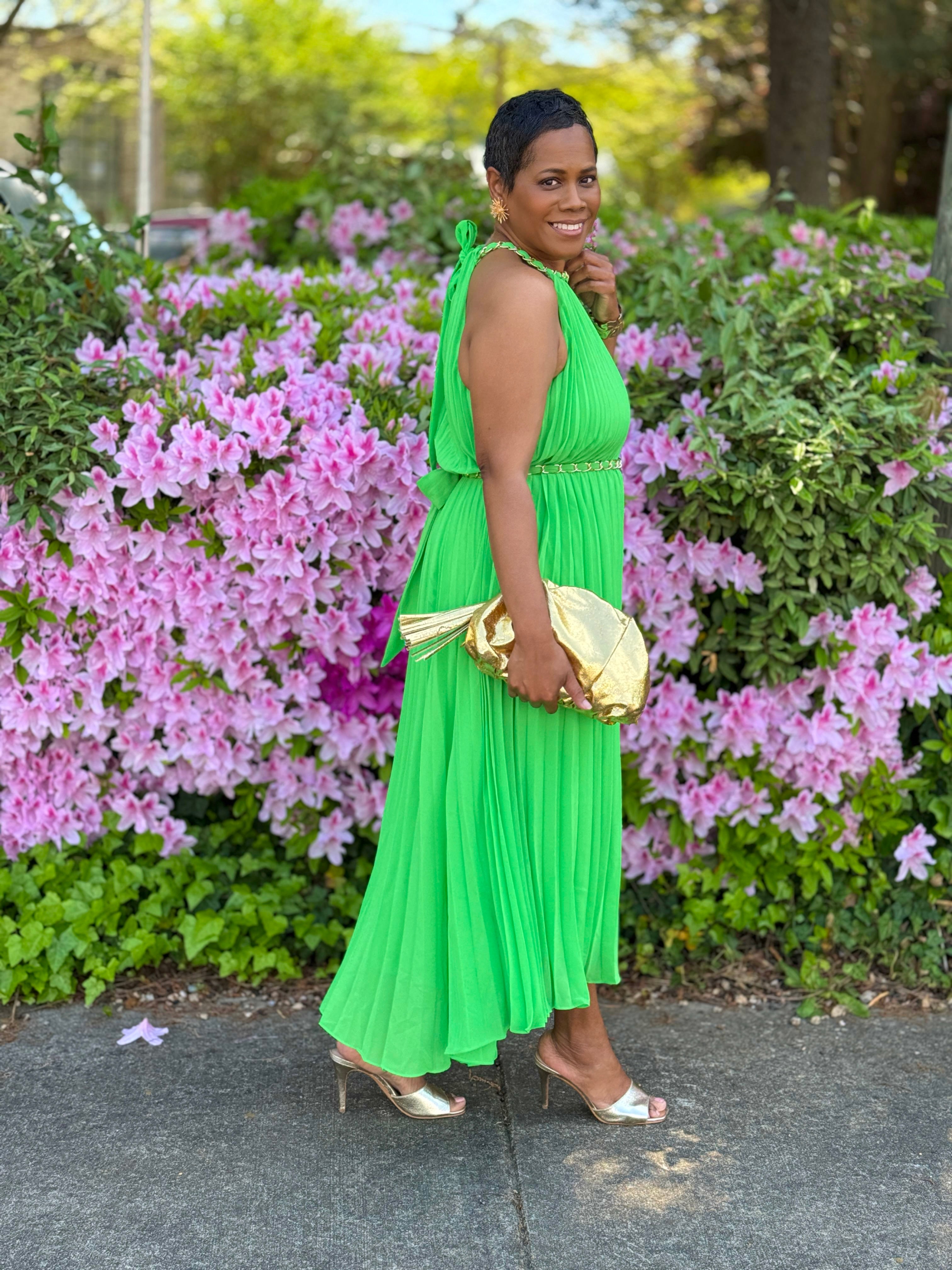 Pleated Chain Tie Waist Midi Dressy