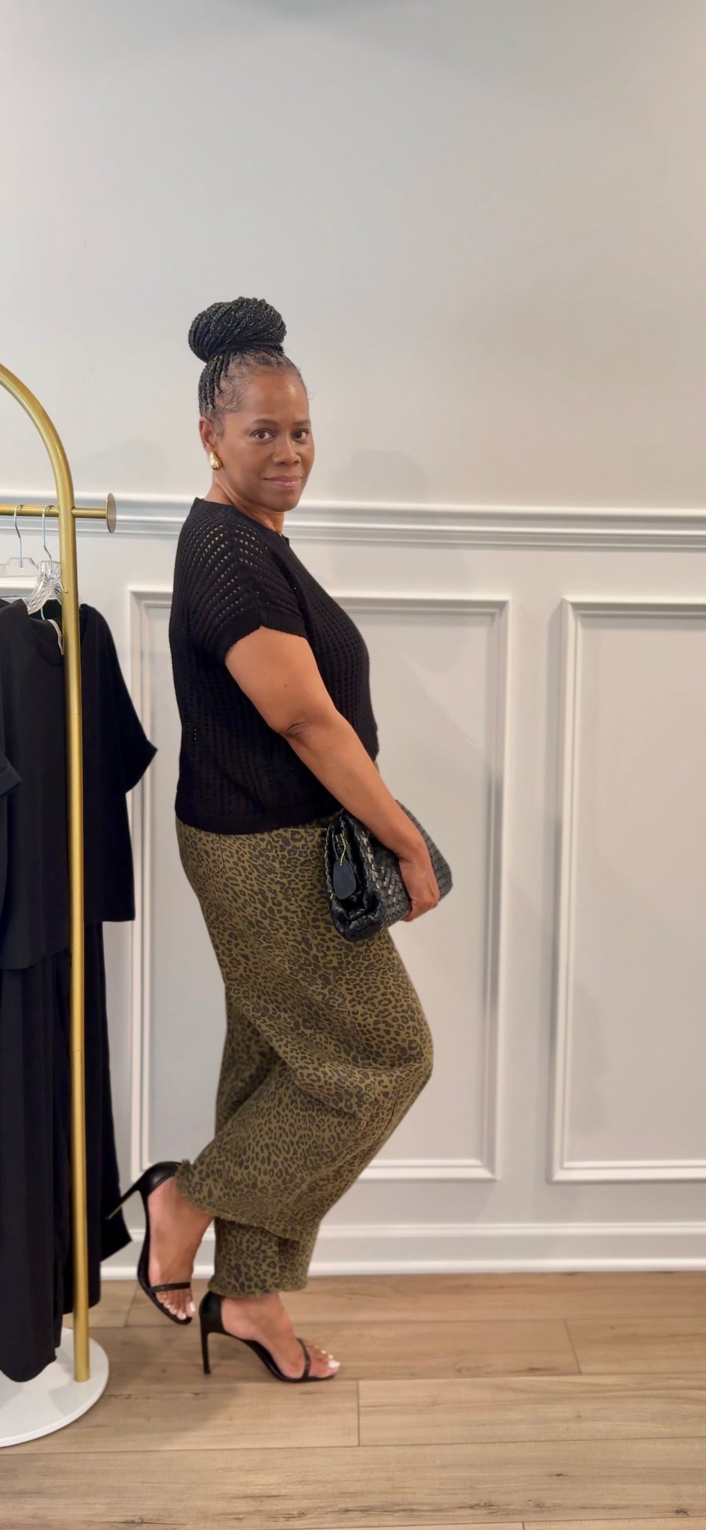 Crochet Knit Sheer Hollow Sweater & Cheetah Barrel Jeans