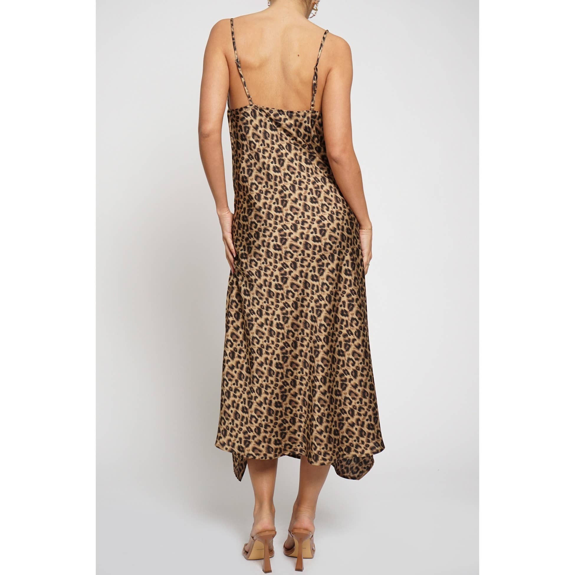 SATIN LEOPARD PRINT FRONT SLIT DRESS: Leopard