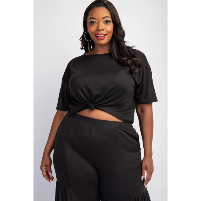 PLUS SIZE SHORT SLEEVE TOP AND WIDE TIERED LEG PANTS SET