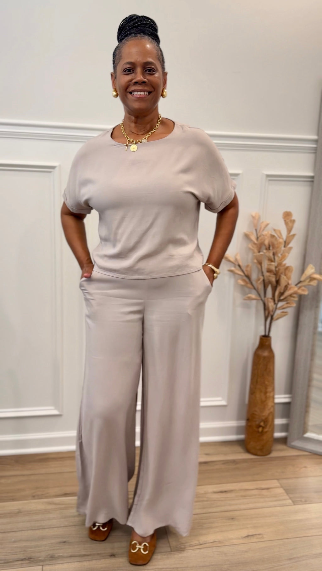 Woven Short Sleeve Long Pants Set: ASH MOCHA