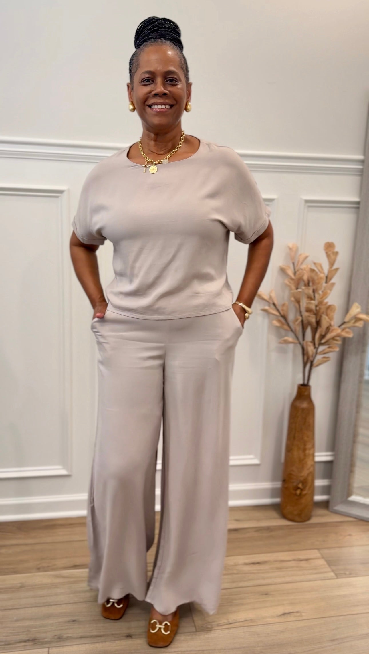Woven Short Sleeve Long Pants Set: ASH MOCHA