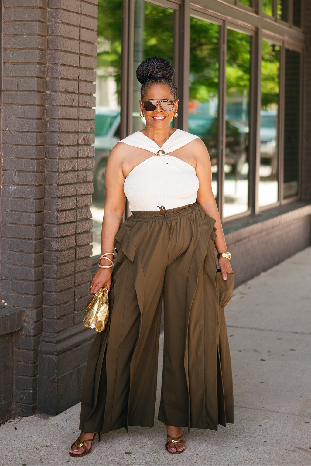 Ruffle Cargo Wide-Leg Pants: ARMY GREEN
