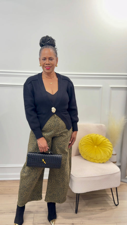 The Luxe Button Cardigan & Cheetah Barrel Jean
