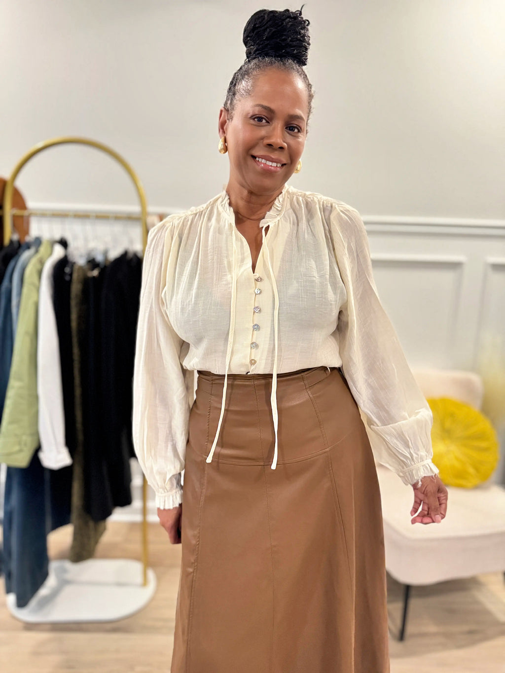 Button Front Tie Neck Blouse