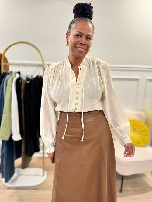 Button Front Tie Neck Blouse