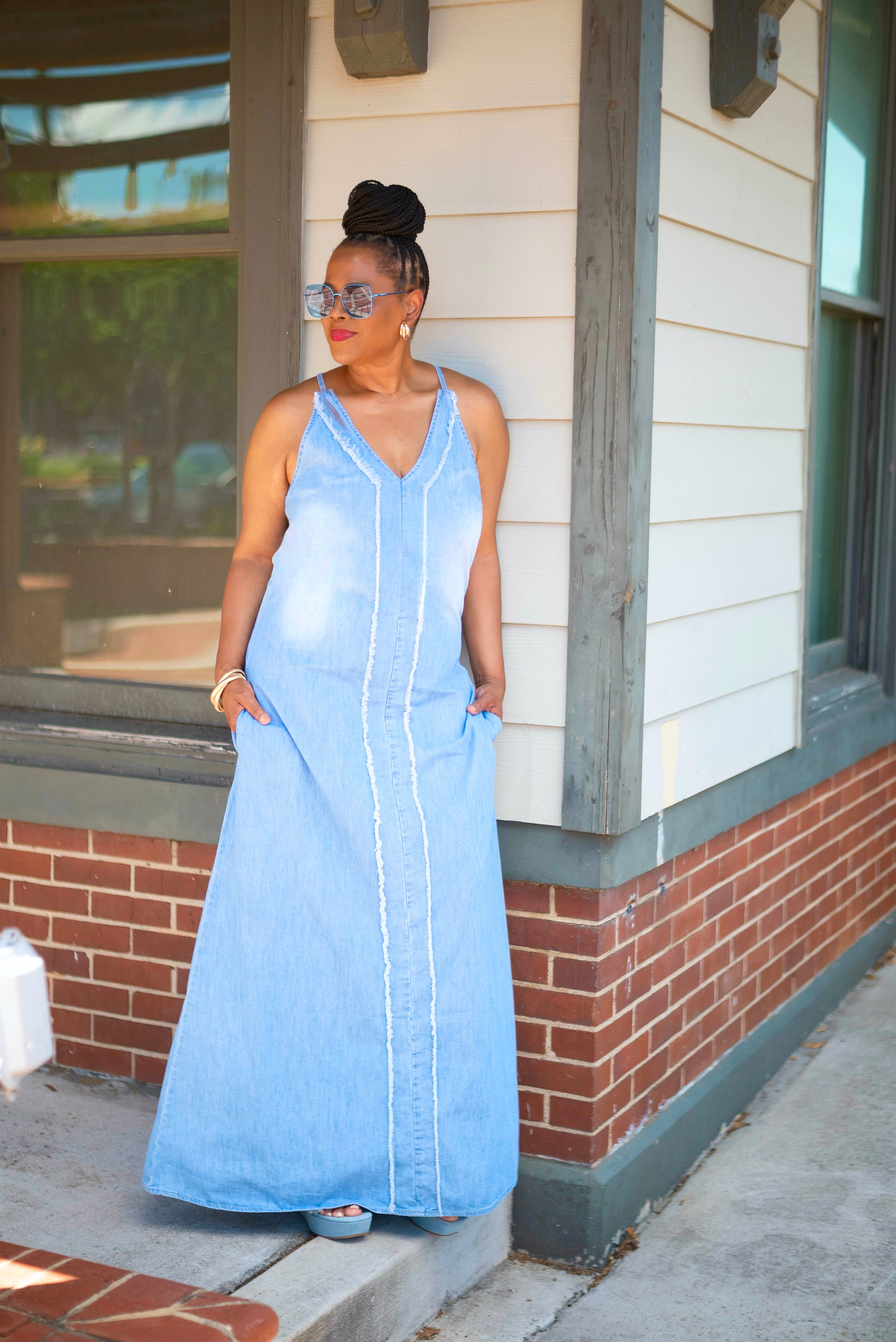 Denim front fringe maxi dress: DENIM BLUE / S-M-L-XL / 1-1-1-1