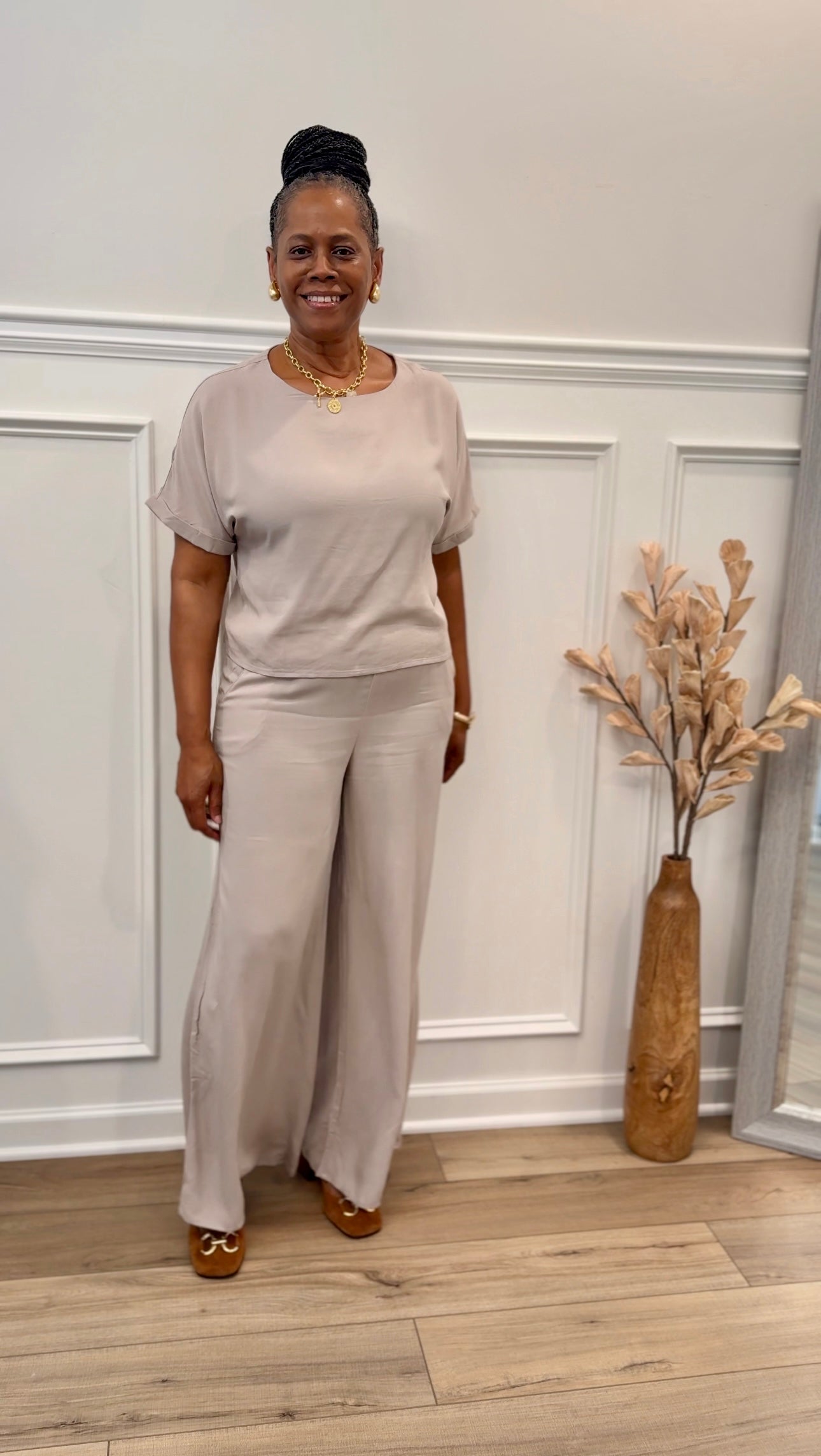Woven Short Sleeve Long Pants Set: ASH MOCHA