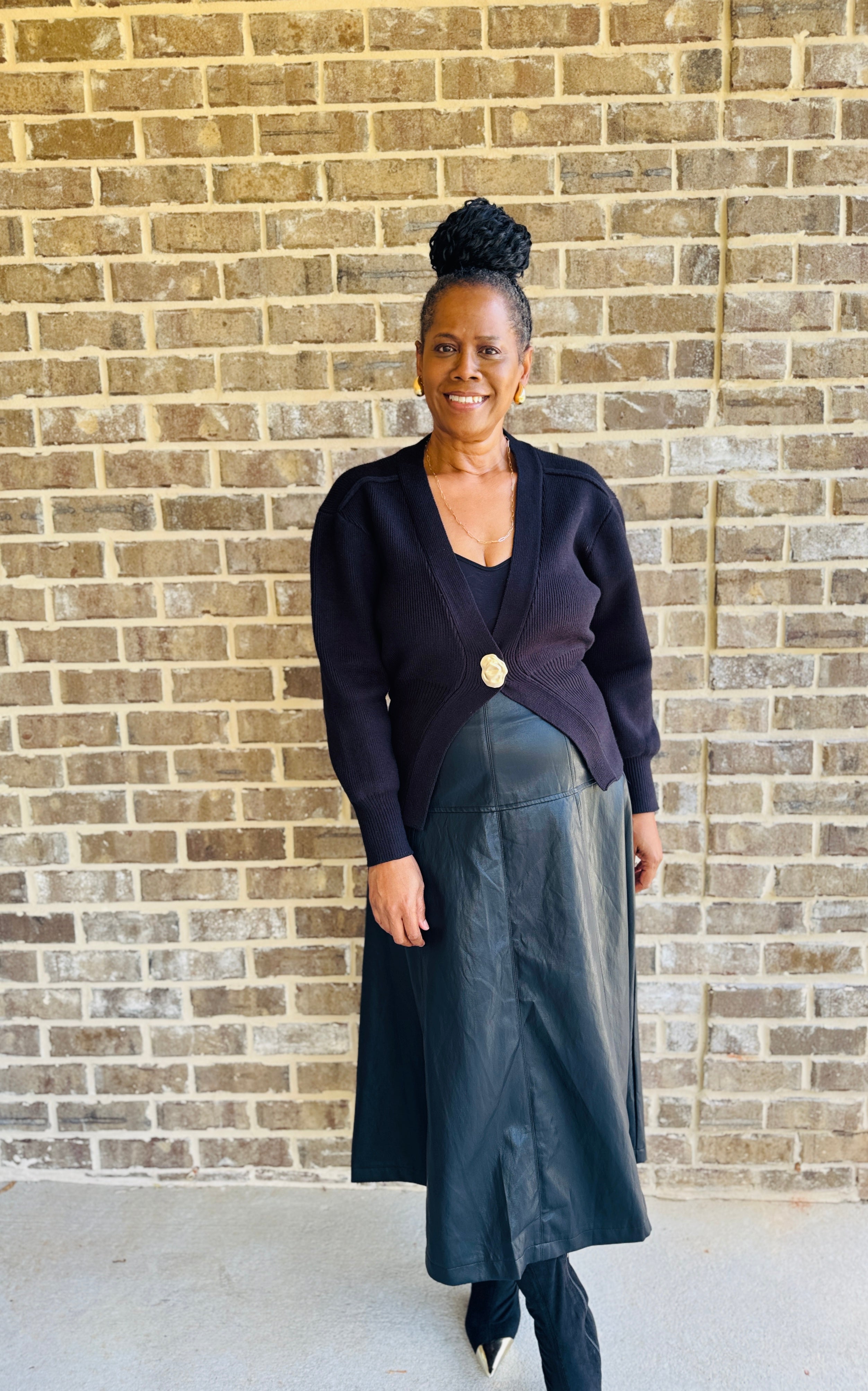 Black Faux Leather A-Line Midi Skirt