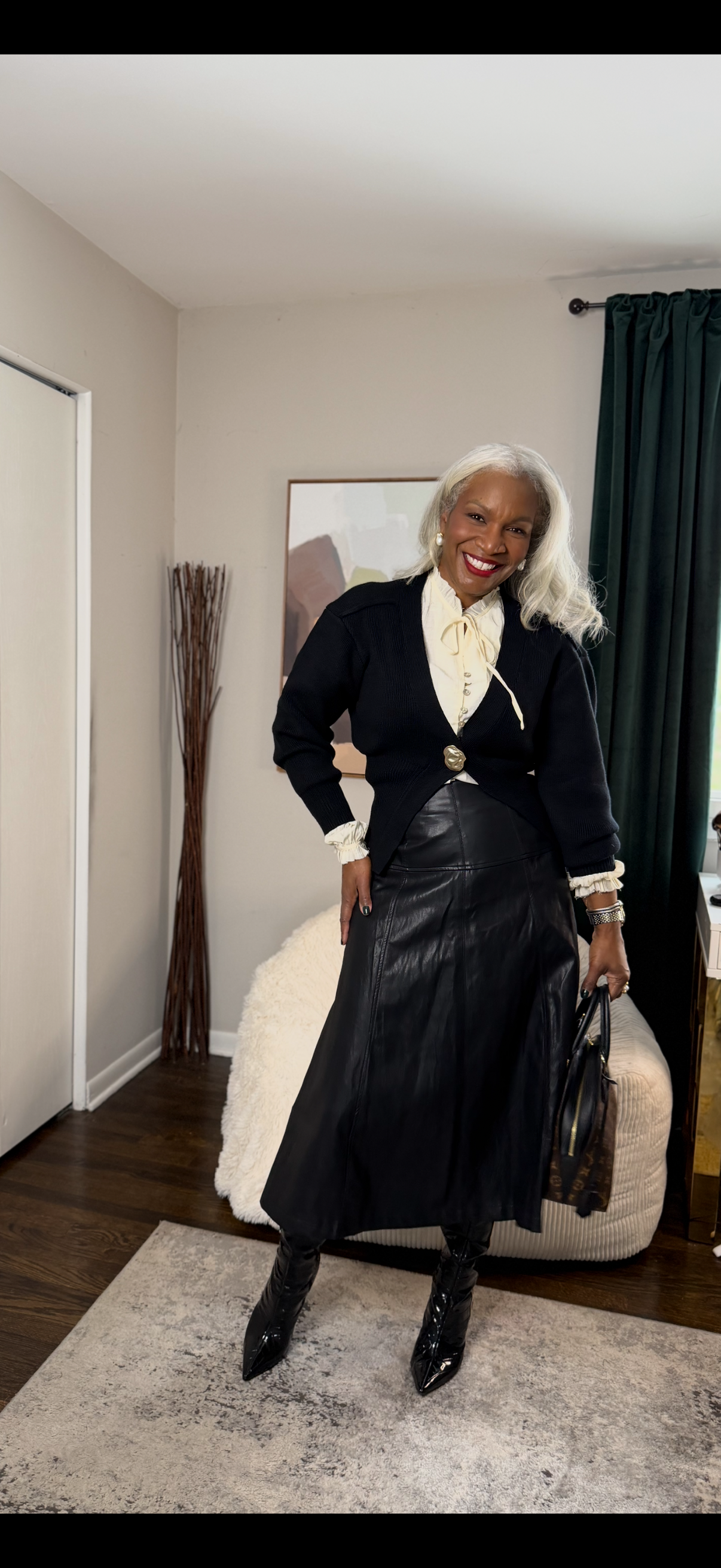 Black Faux Leather A-Line Midi Skirt