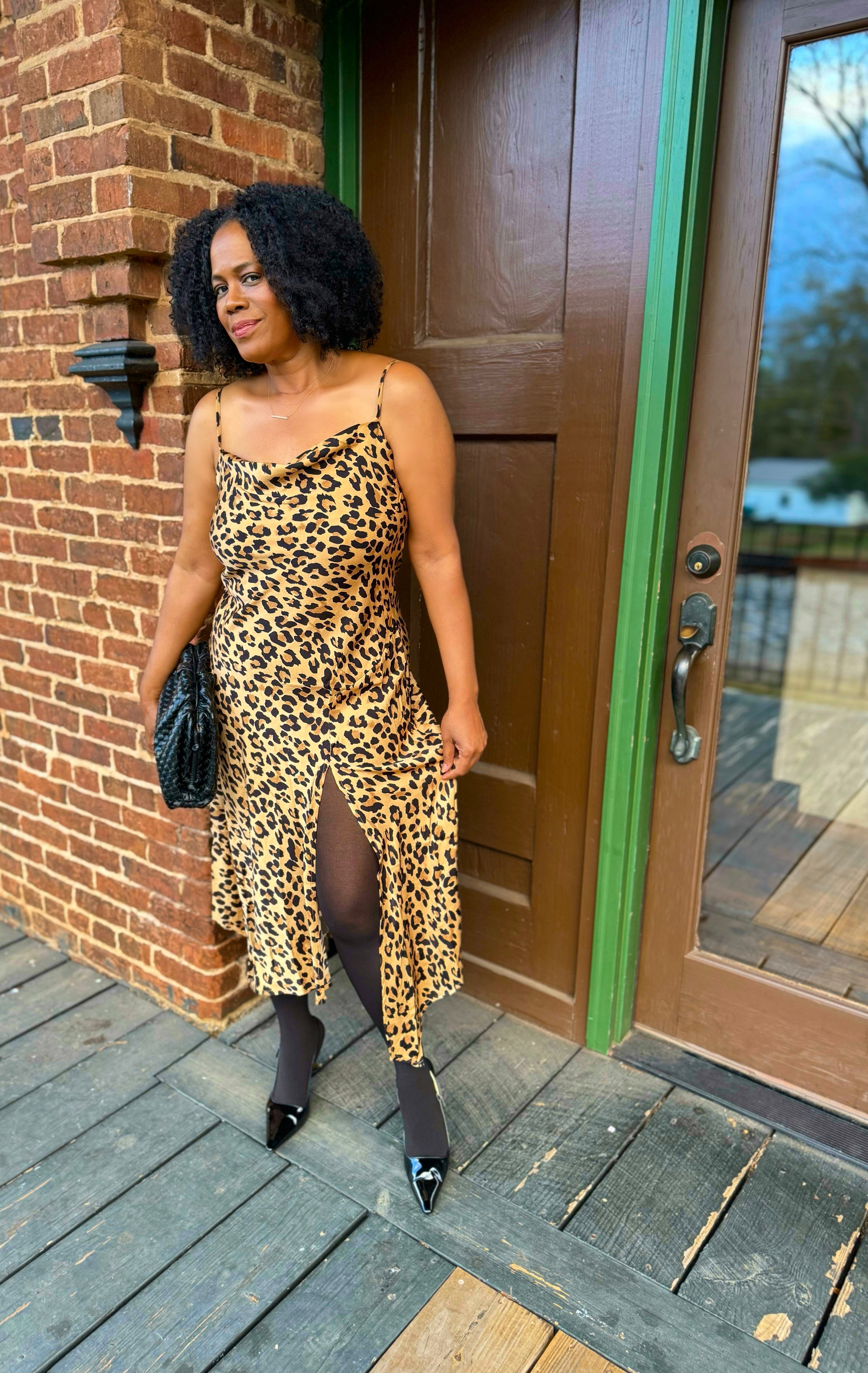 SATIN LEOPARD PRINT FRONT SLIT DRESS: Leopard
