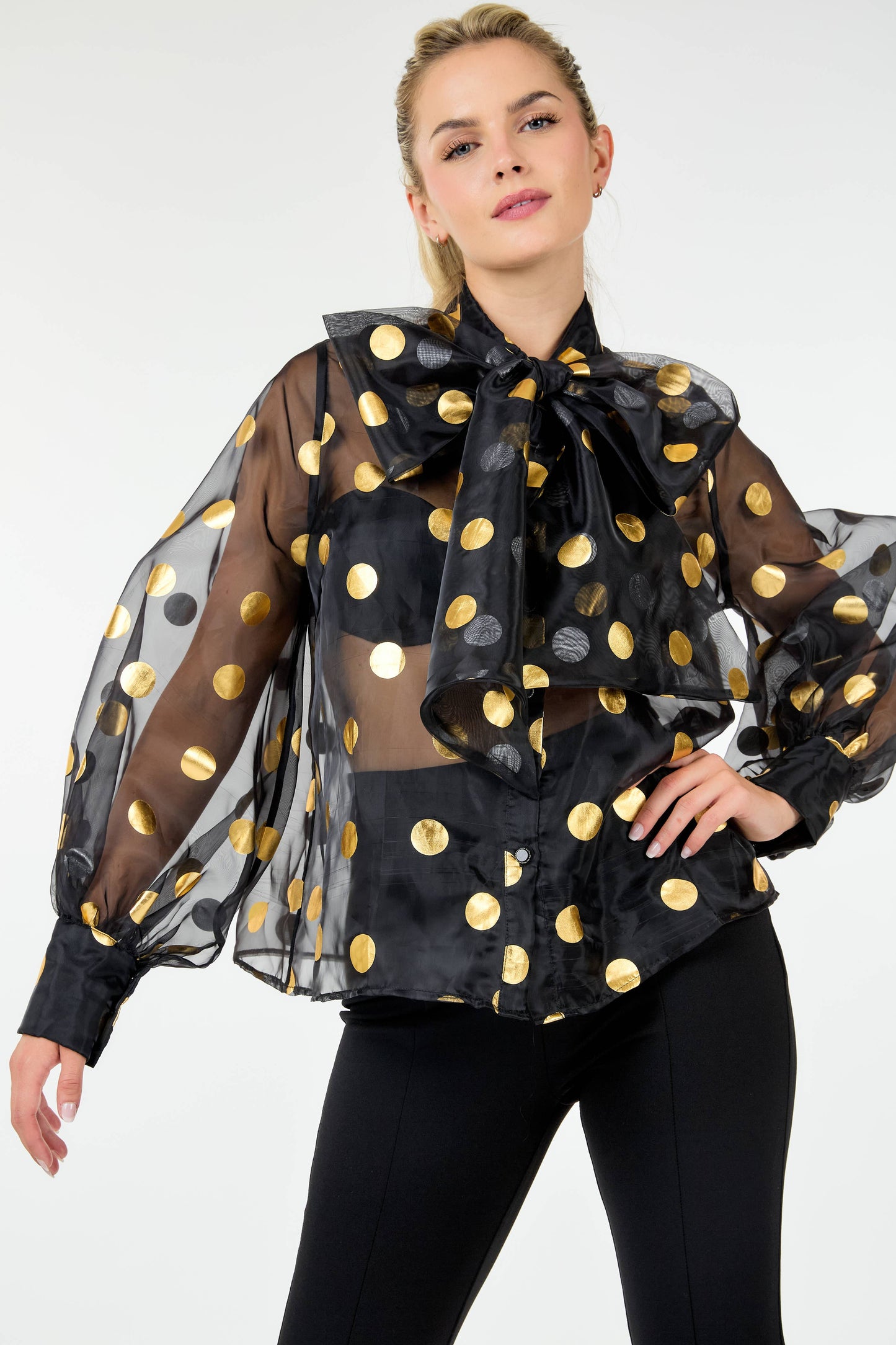 Golden Glimmer Polka Dot Sheer Blouse with Bow Tie