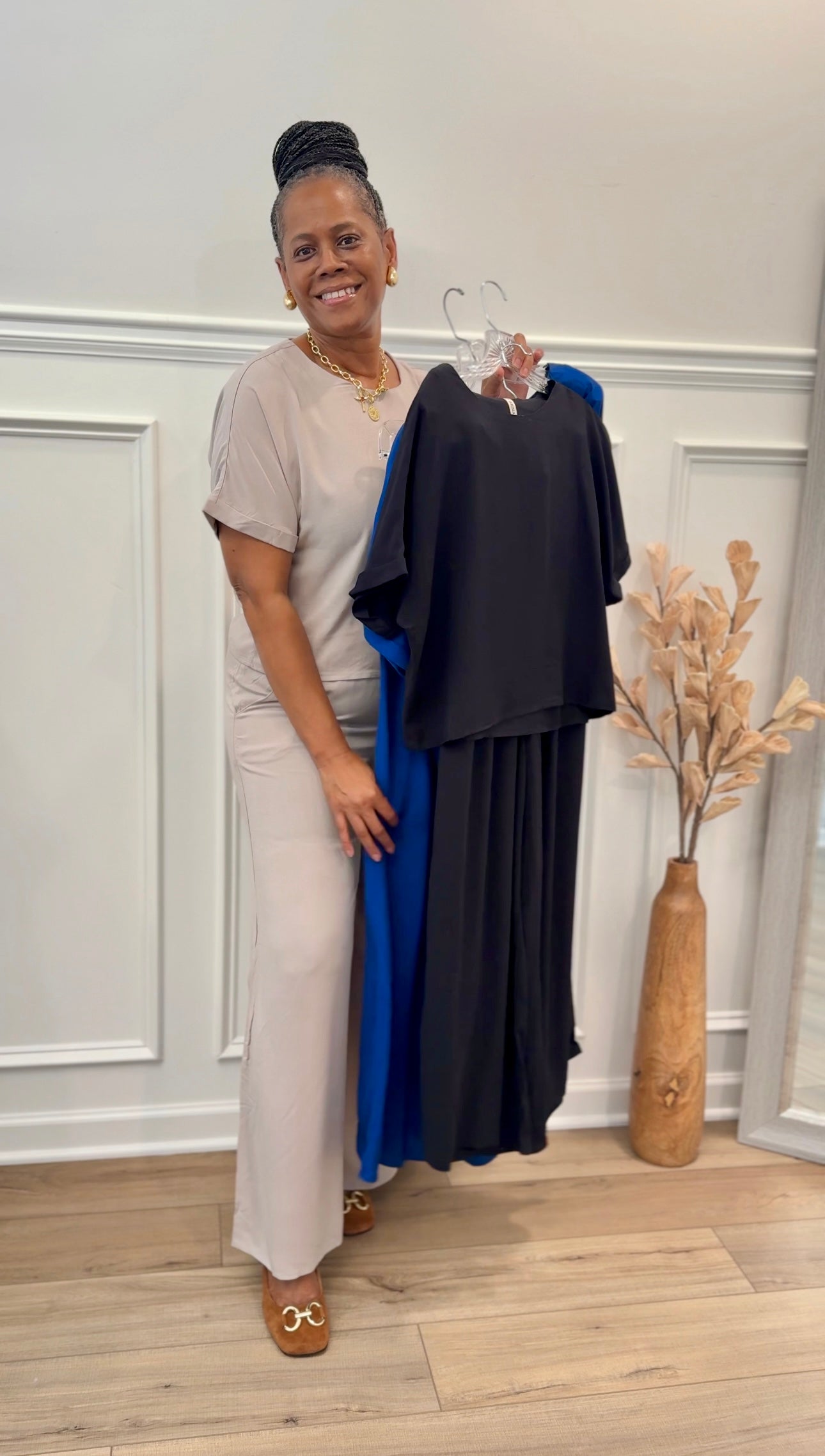 Woven Short Sleeve Long Pants Set: BLACK