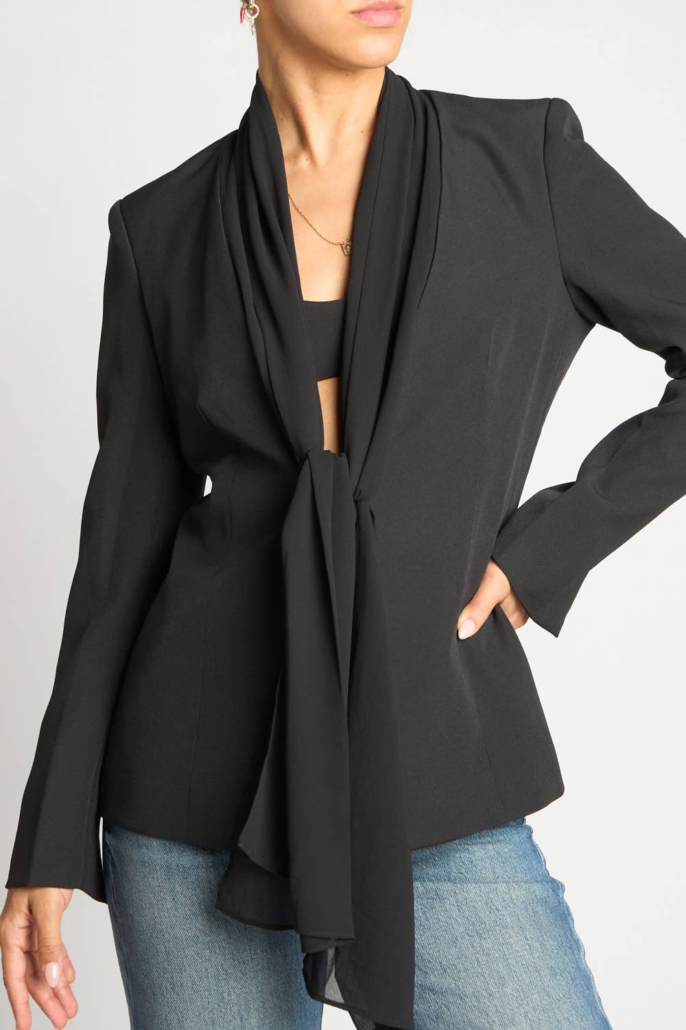 SCARF TIE FRONT BLAZER: BLACK