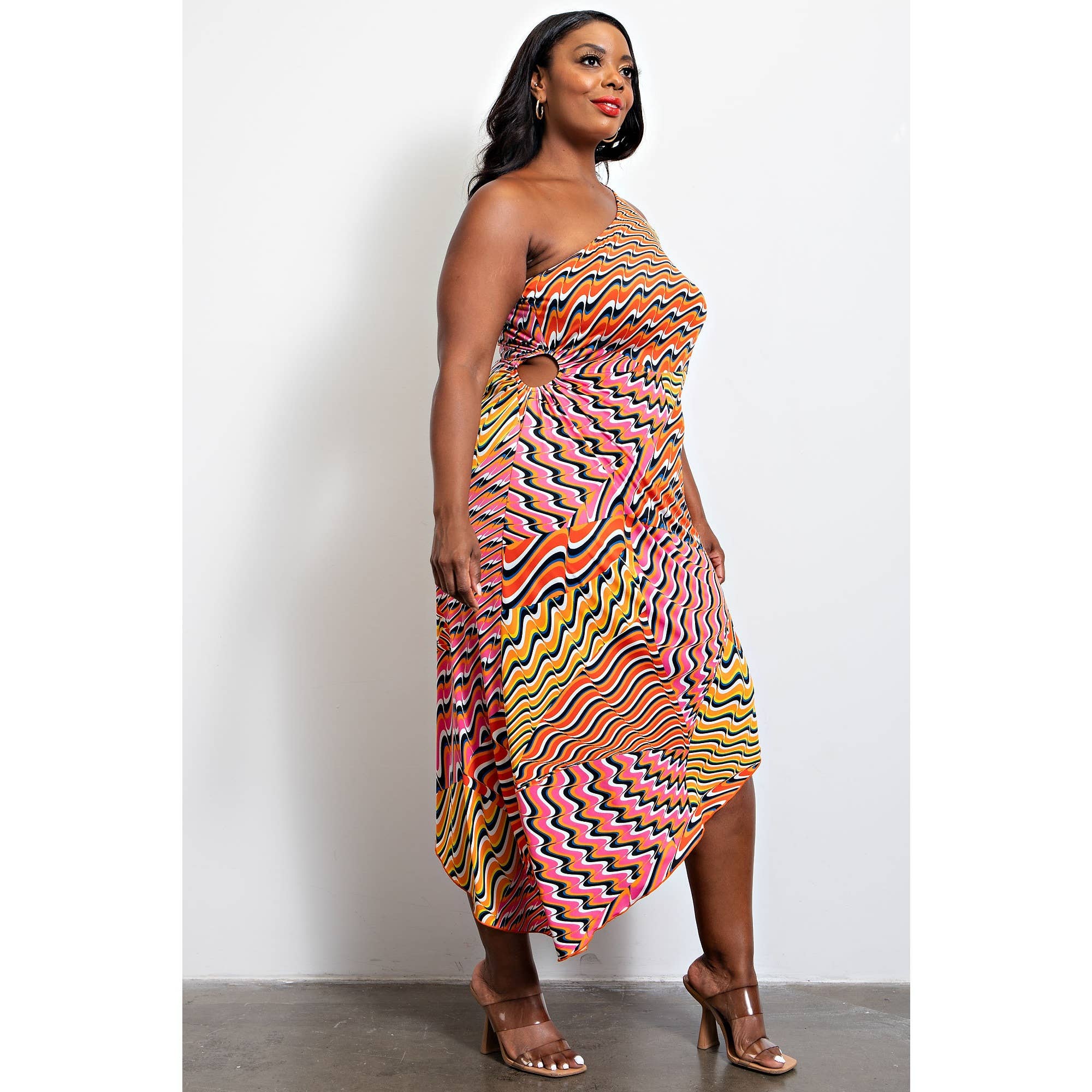 PLUS SIZE ONE SHOULDER KNIT DRESS W ASYMMETRIC HEM