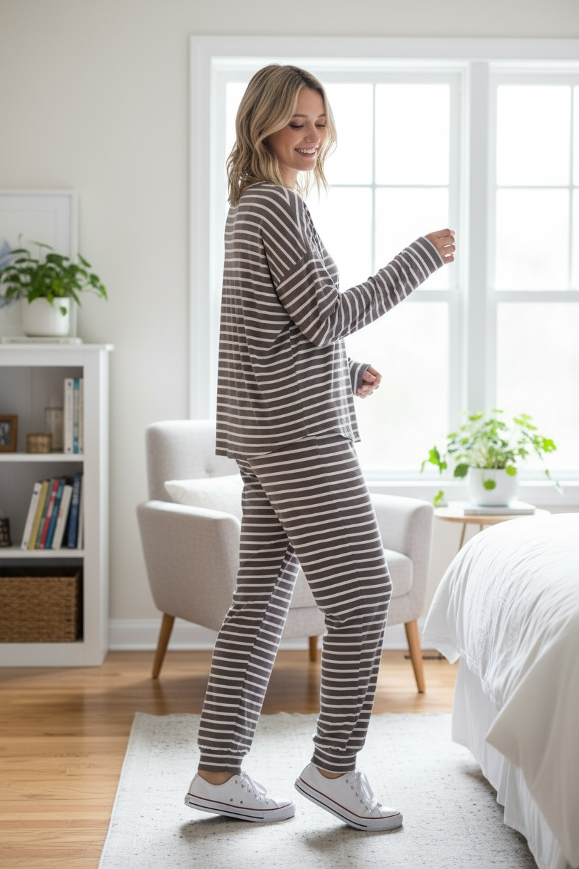 French Terry Animal Mix Lounge Set - Striped Print: Grey