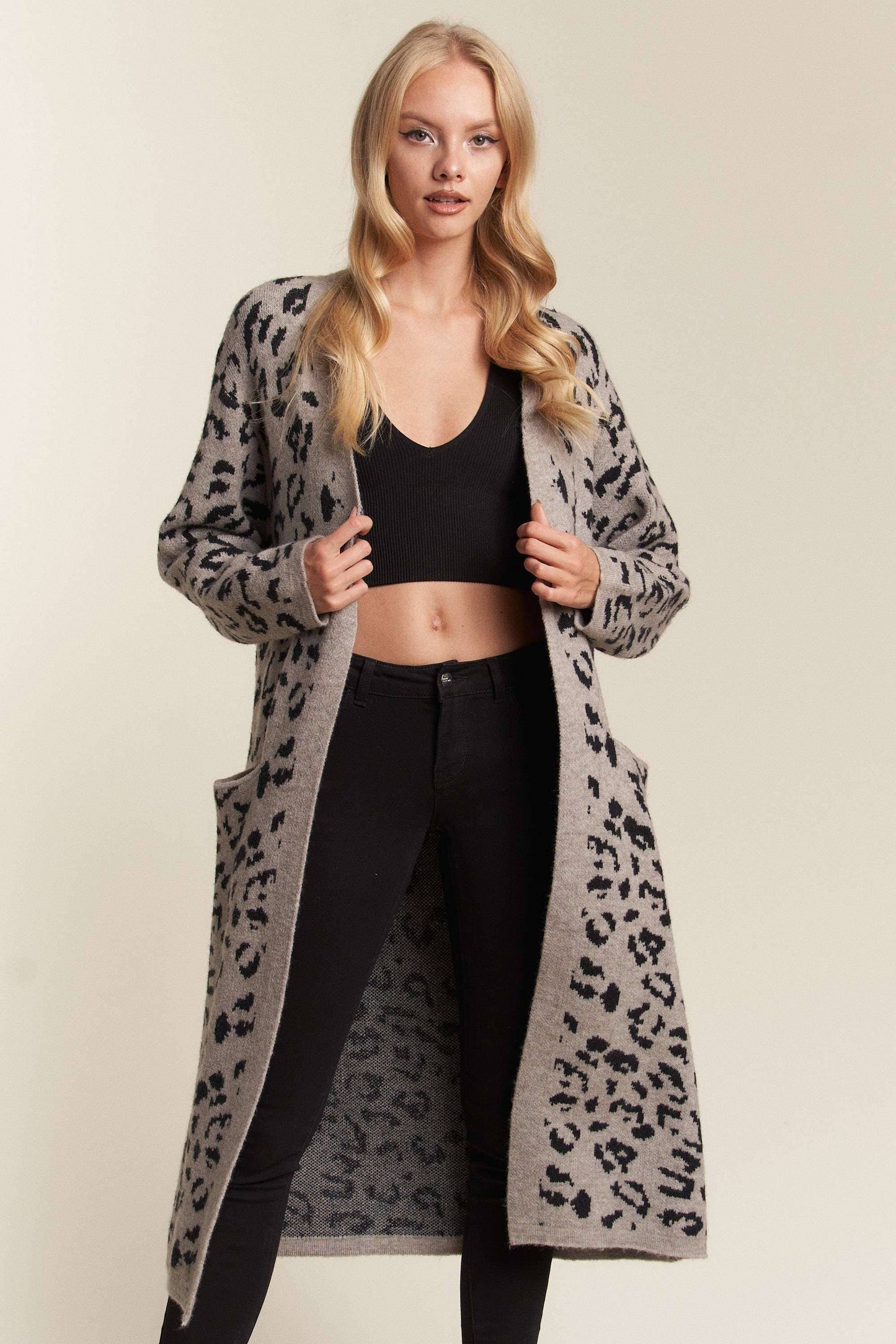 LEOPARD PRINTED OPEN SWEATER CARDIGAN WITH POCKET