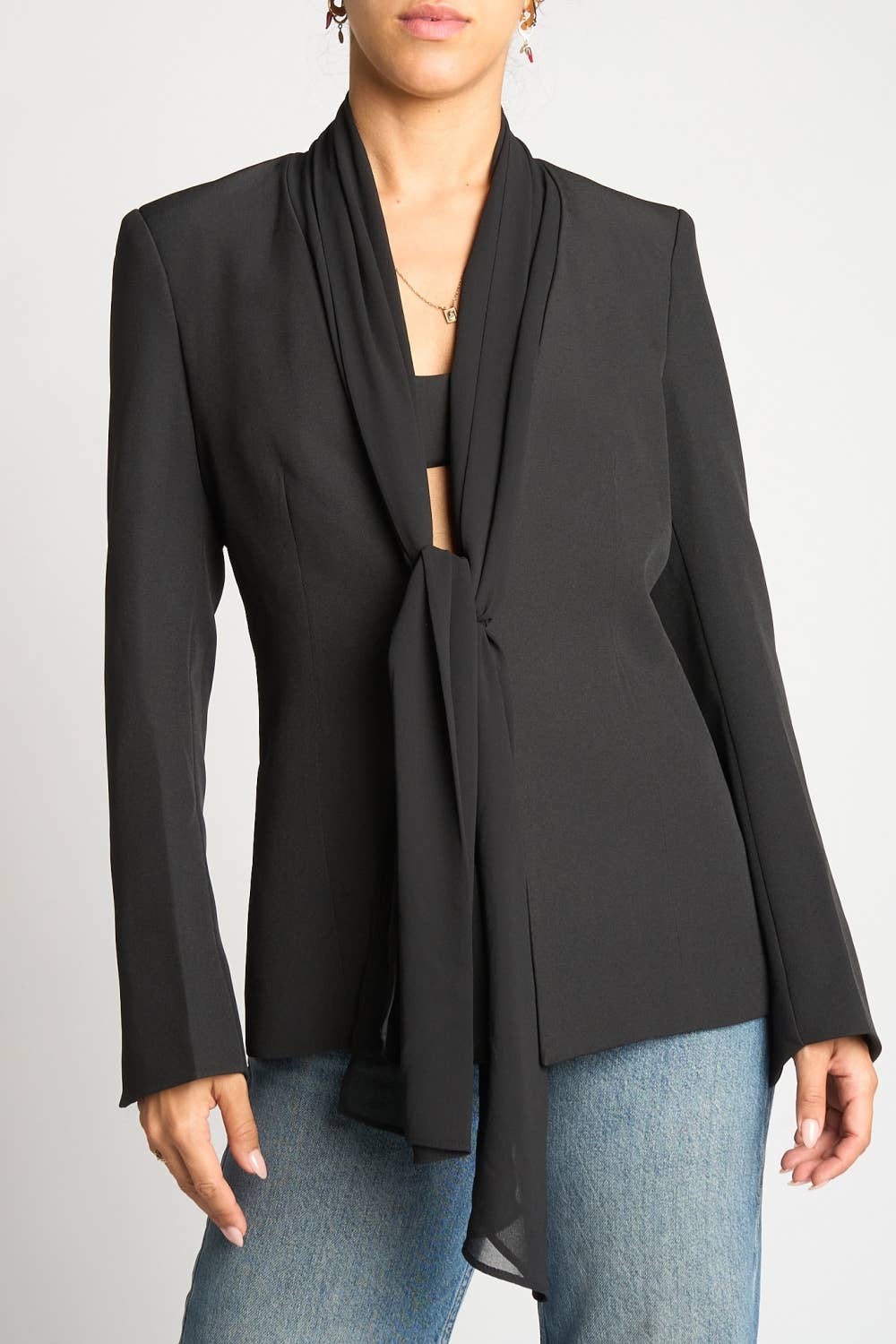 SCARF TIE FRONT BLAZER: BLACK