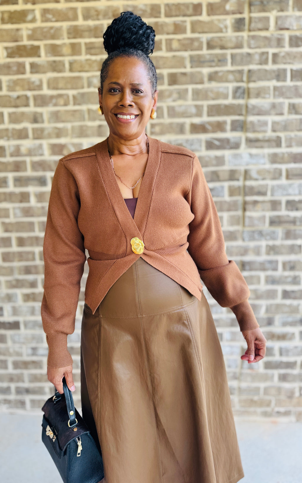 Brown Faux Leather A-Line Midi Skirt