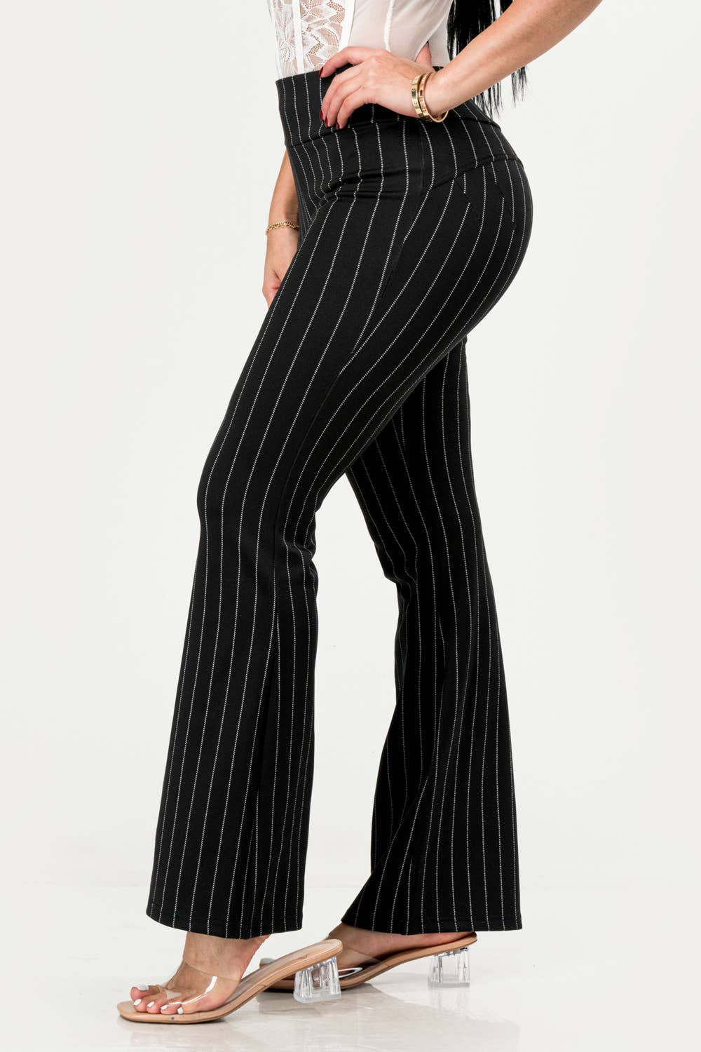 Womens High Waist Tummy Control Flare Pants: Pinstripe