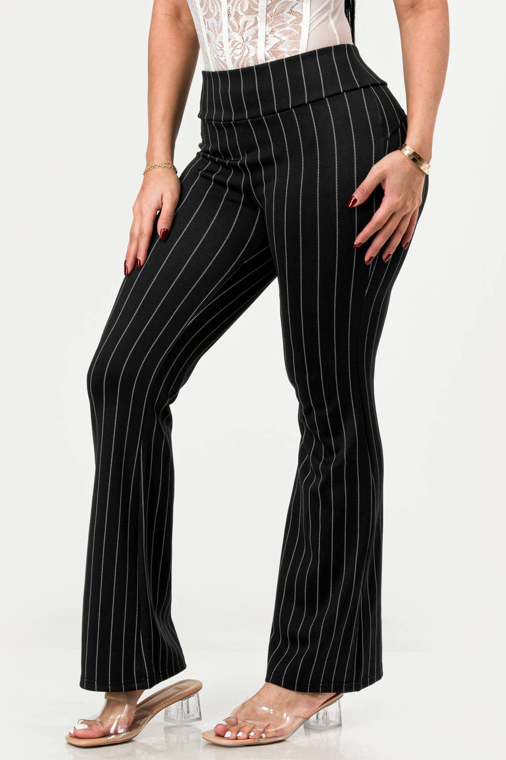 Womens High Waist Tummy Control Flare Pants: Pinstripe