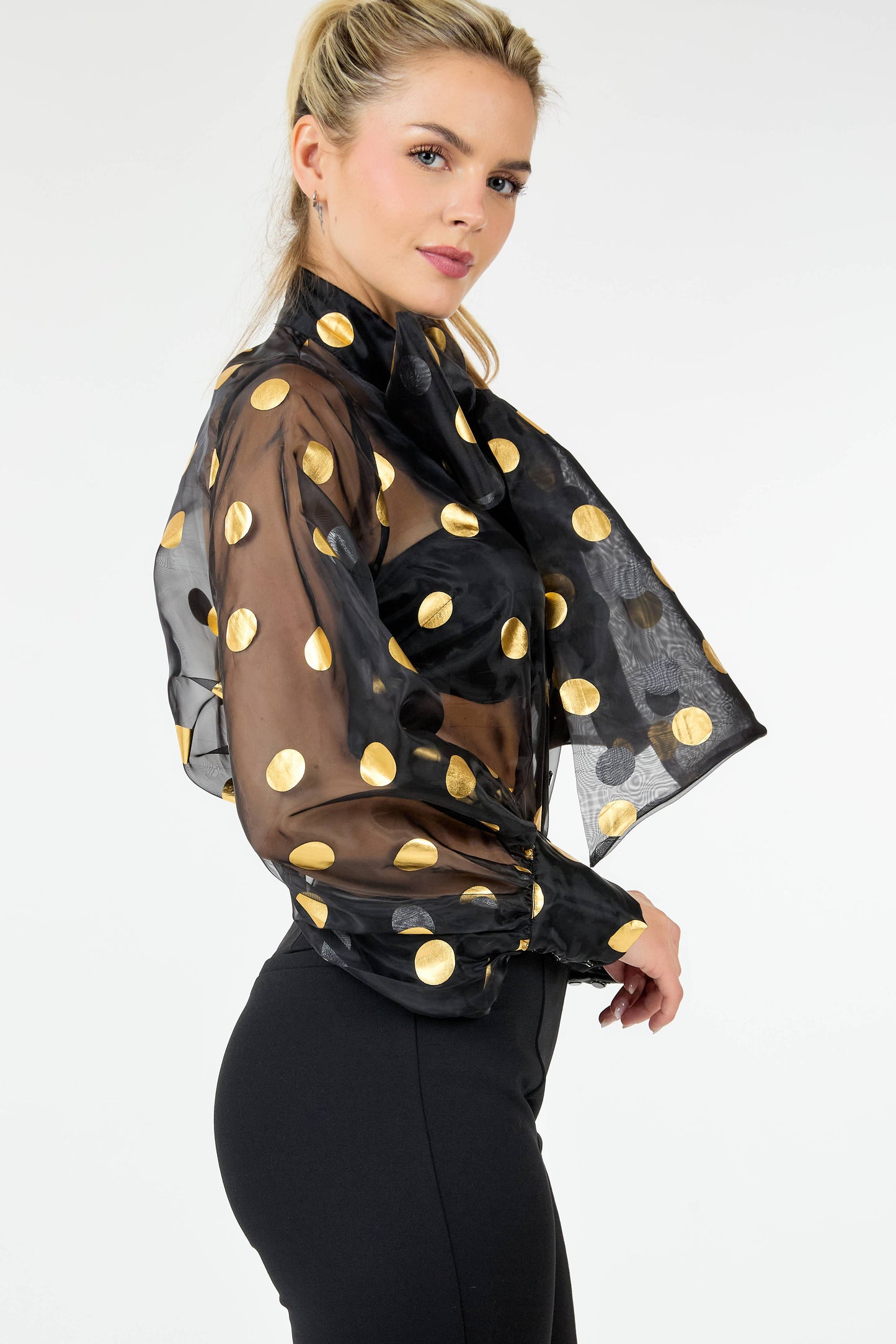 Golden Glimmer Polka Dot Sheer Blouse with Bow Tie