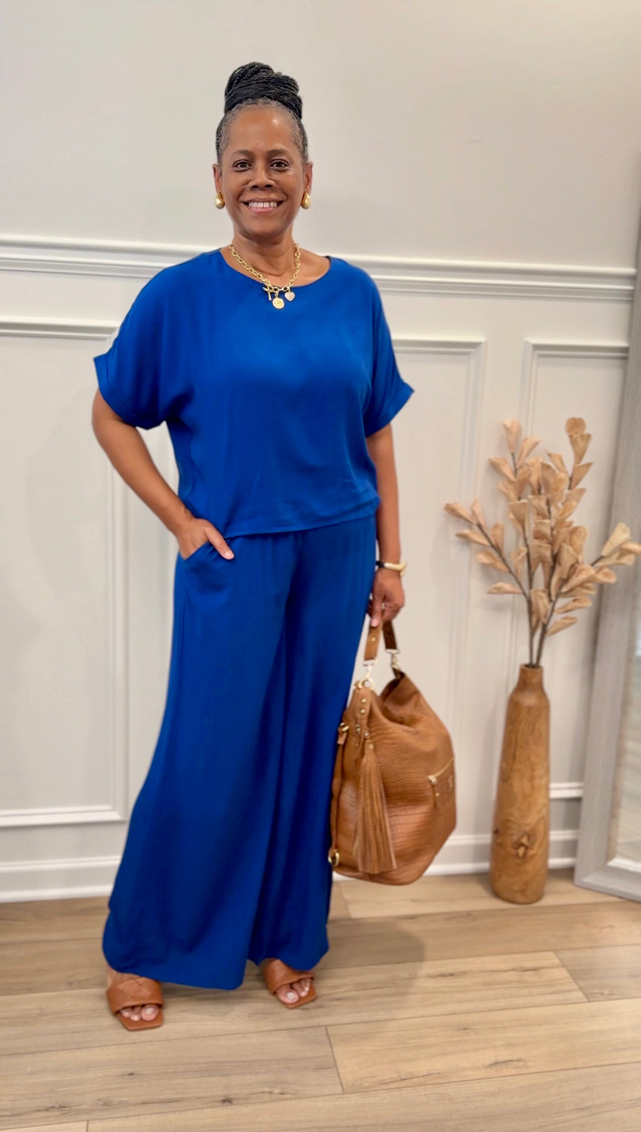 Woven Short Sleeve Long Pants Set: LT NAVY