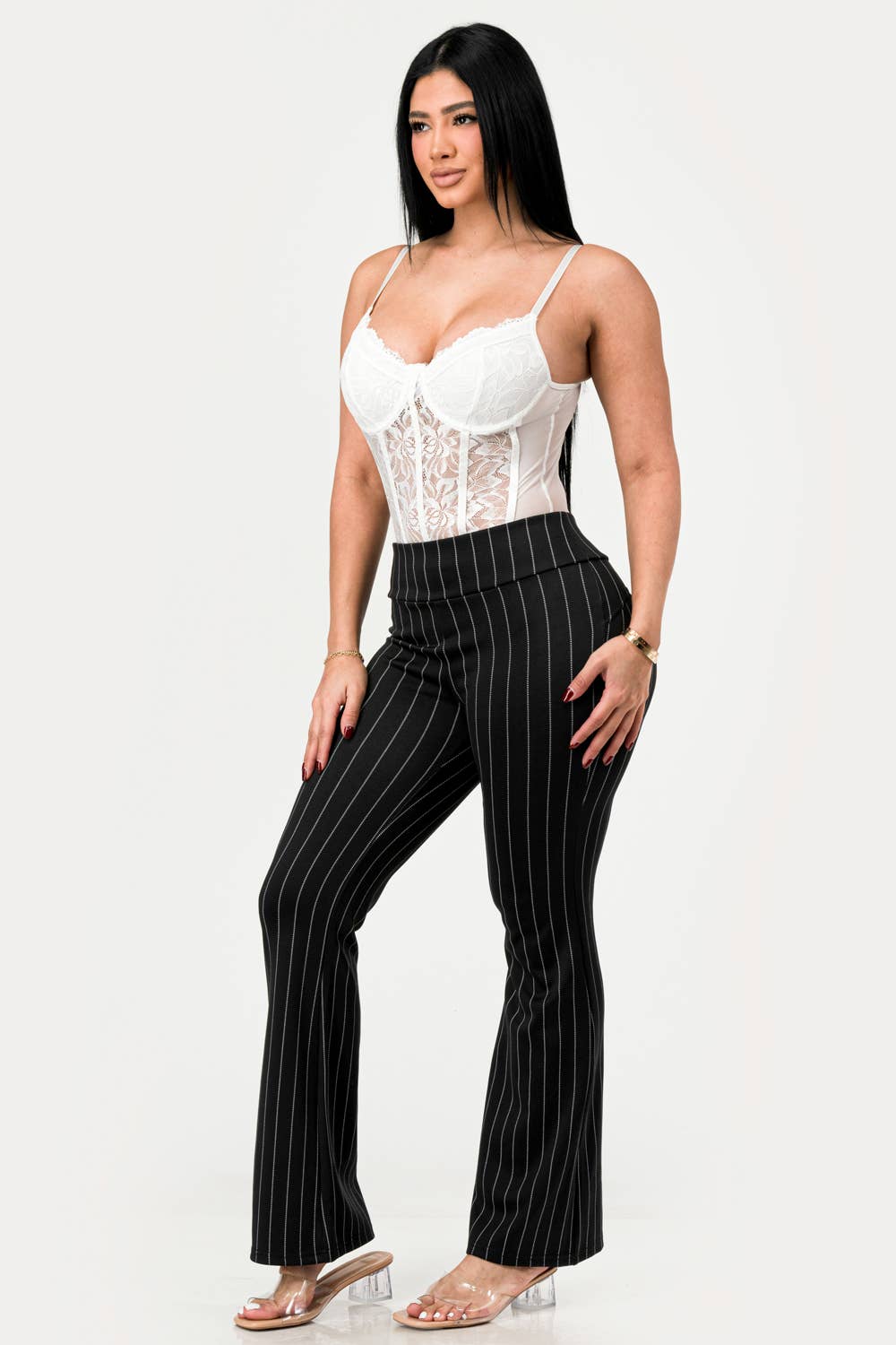Womens High Waist Tummy Control Flare Pants: Pinstripe