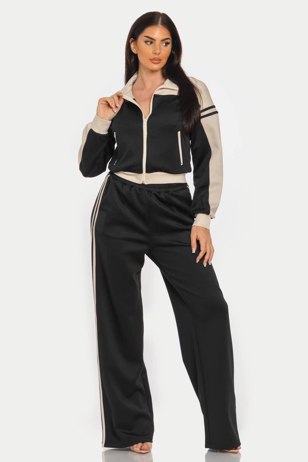 Colorblock Front Zip Up Jacket And Pants Set : Black-Ivory