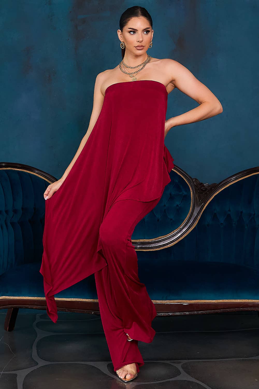 Cherry Solid Draped Strapless Jumpsuit