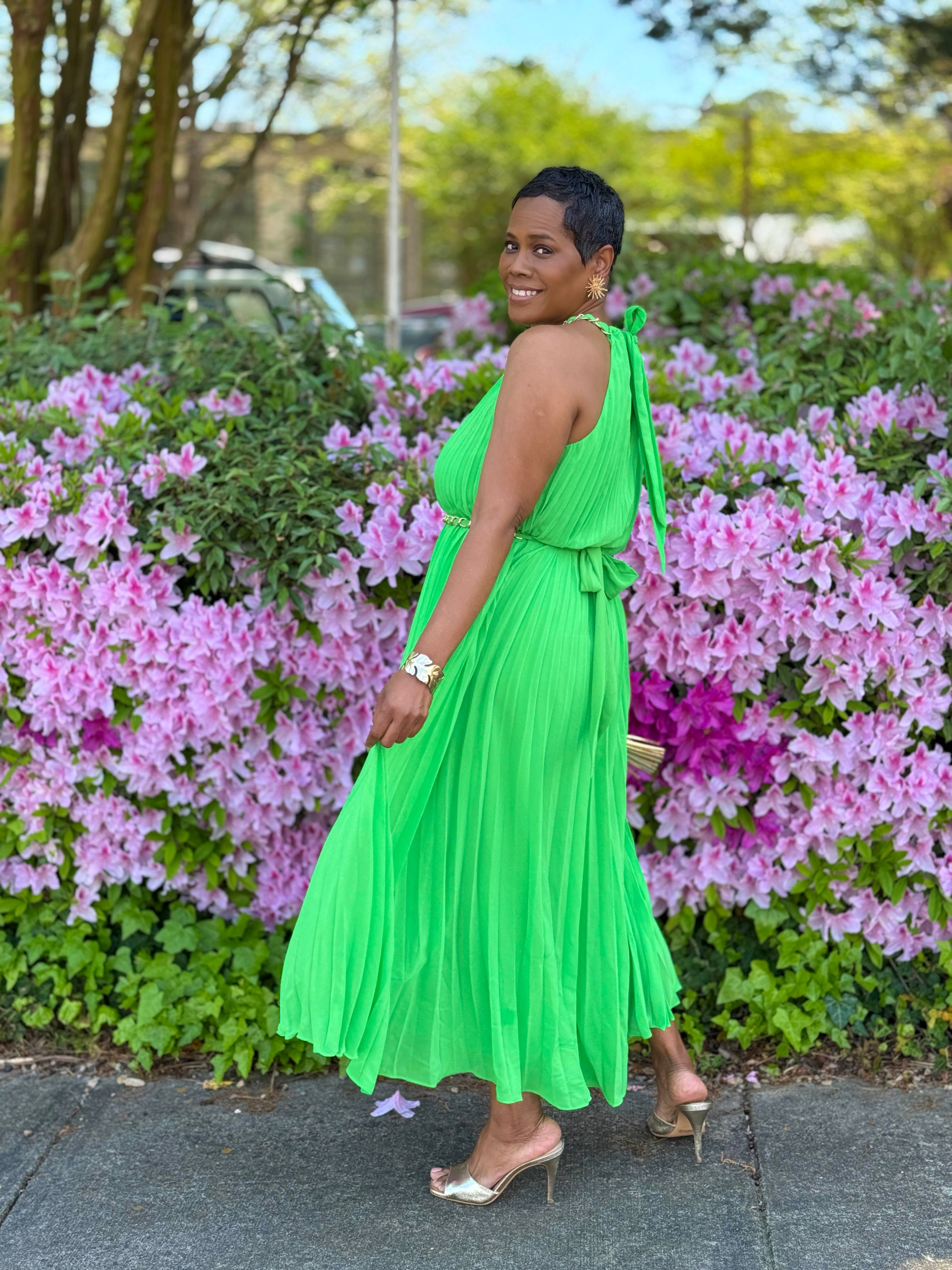 Pleated Chain Tie Waist Midi Dressy