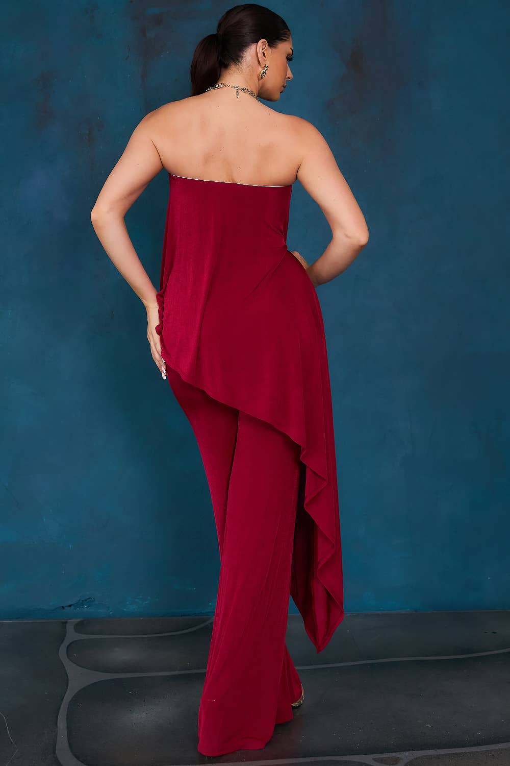 Cherry Solid Draped Strapless Jumpsuit