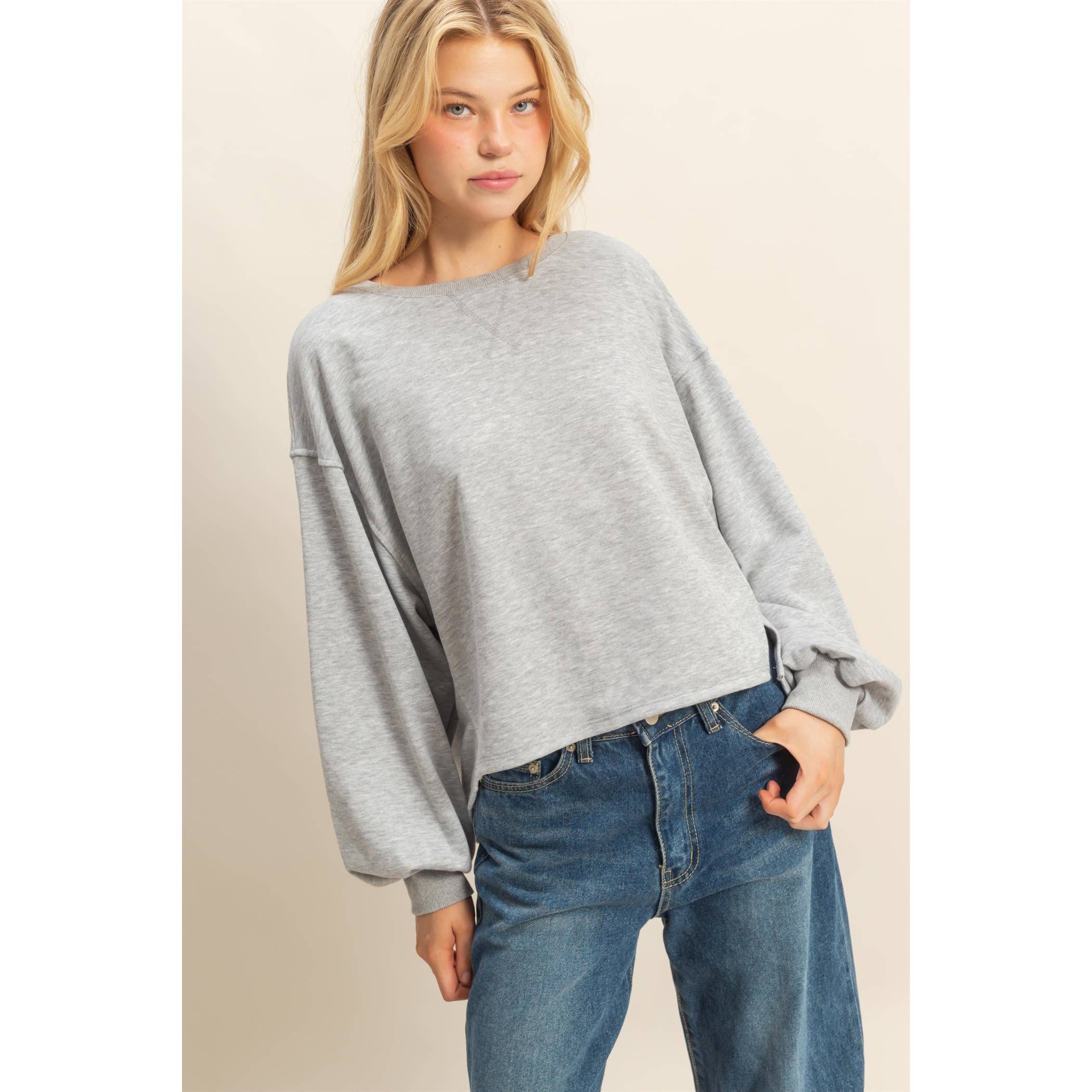Round Neck Casual Long Sleeve Knit Top: H.GRAY