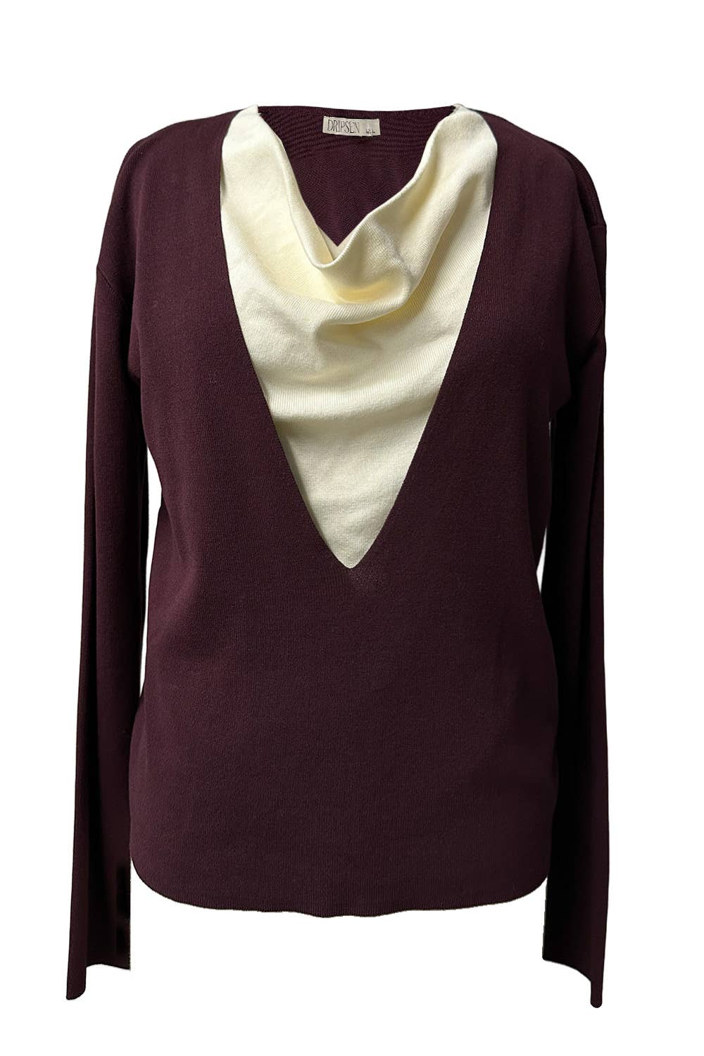 Two-Tone Knit Top with Draped Contrast Detail: BURGUNDY COMBO