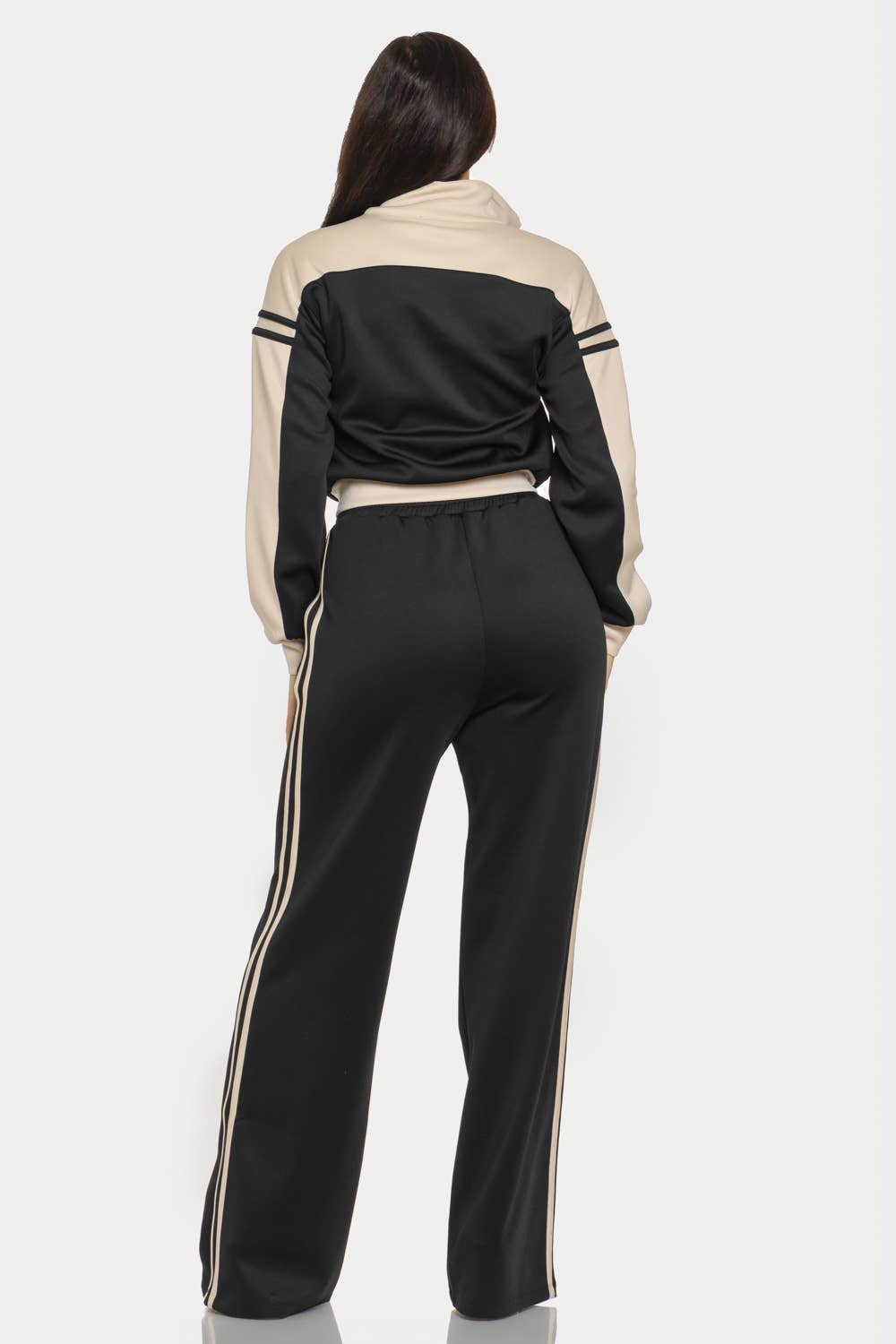 Colorblock Front Zip Up Jacket And Pants Set : Black-Ivory