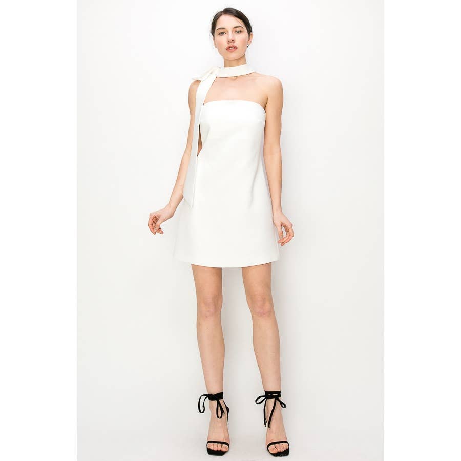Strapless self choker with tie mini dress: OFF WHITE / L