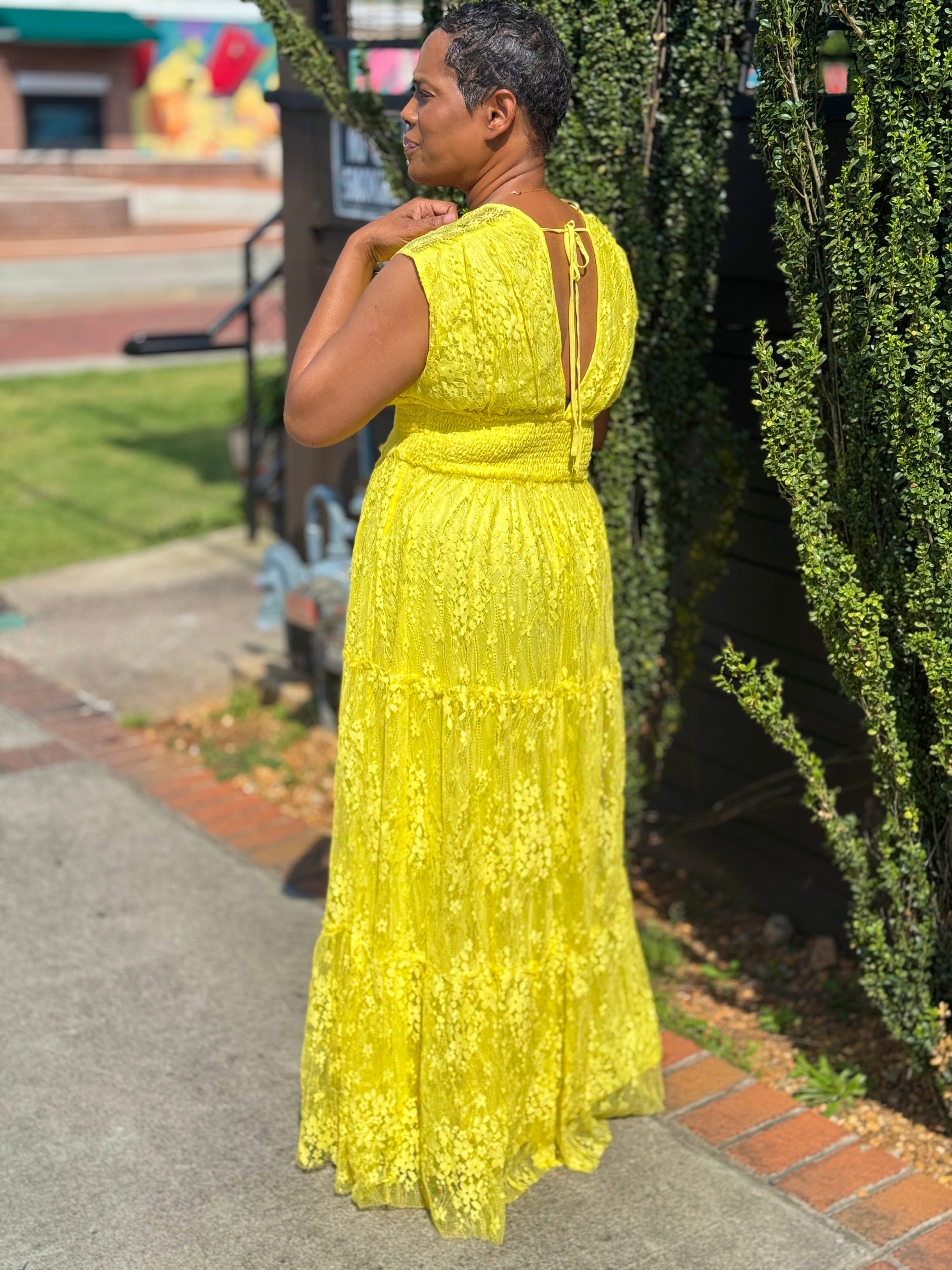 Yellow Lace Smocking Waist Ruffled Maxi Dress
