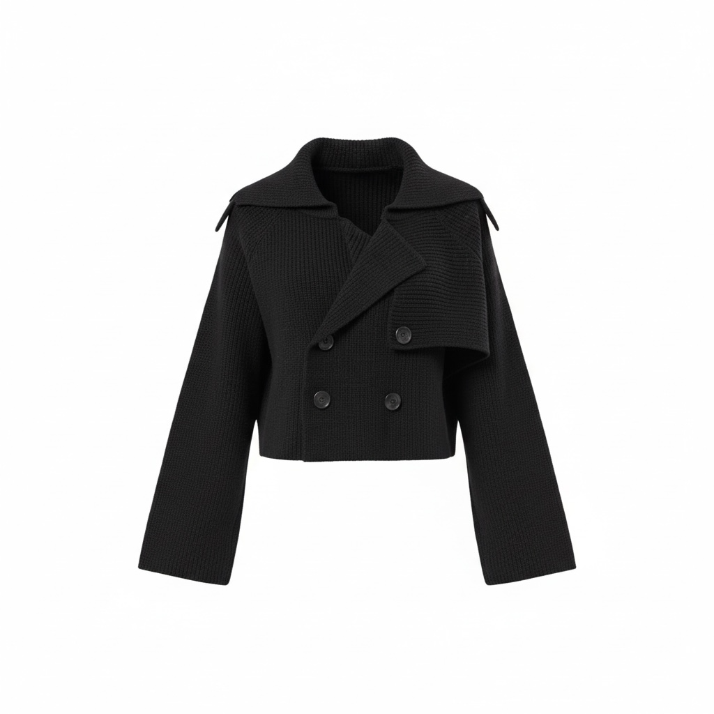 Double Breast Sweater Trench Jacket: BLACK