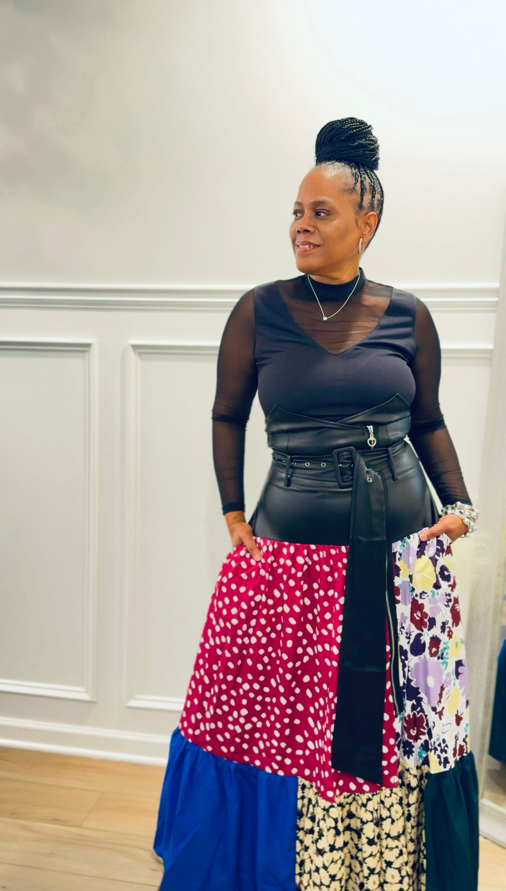 High Waisted Vegan Leather With Patch Print Maxi skirt