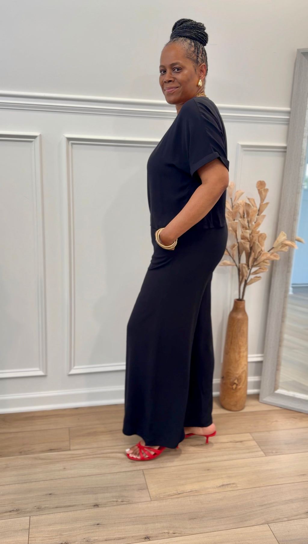 Woven Short Sleeve Long Pants Set: BLACK