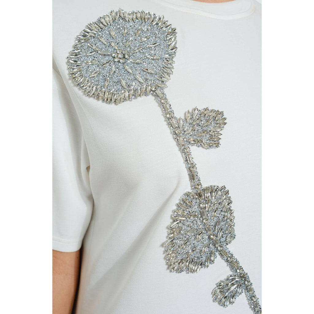 White Rhinestone Beaded Flower Embellished T-Shirt Dress