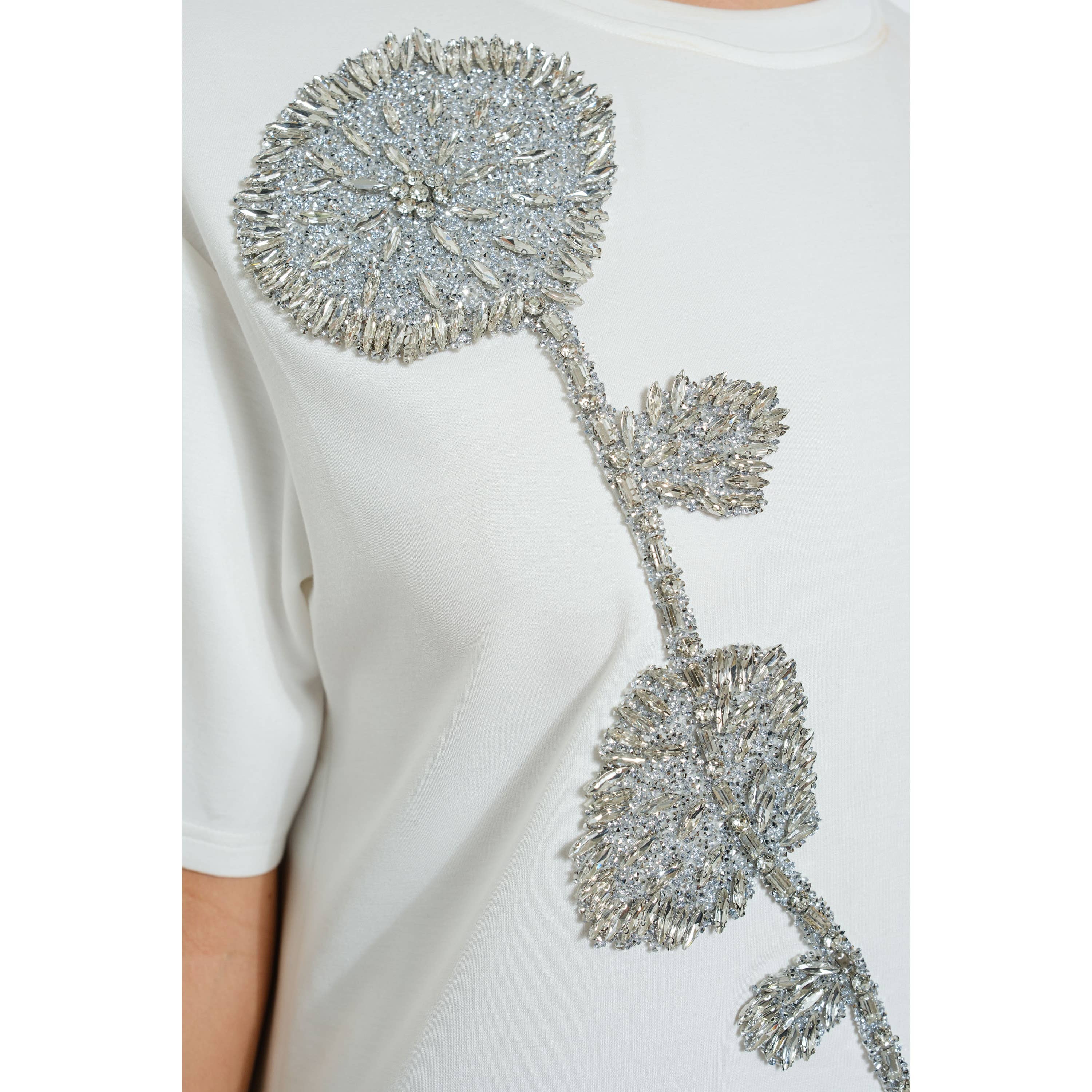 White Rhinestone Beaded Flower Embellished T-Shirt Dress